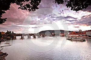 Prague bridges at sunset