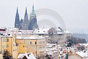 Prague castle above the Lesser Town in Prague during winter season