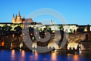 Prague Castle and Charles Bridge in blue time.