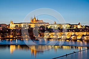 Prague castle and the Charles bridge by night