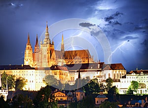 Prague castle and Charles bridge at night