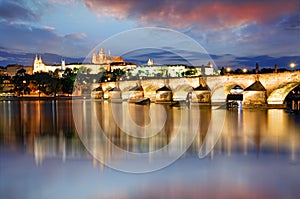 Prague castle and Charles bridge at night