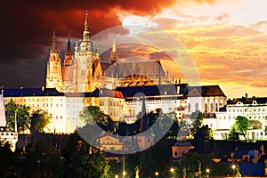 Prague castle and Charles bridge at night