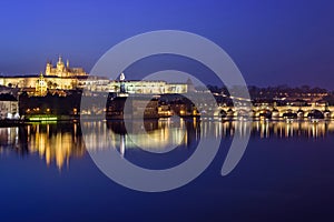 Prague Castle and Charles Bridge at night blue hour