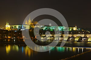 Prague Castle and Charles Bridge at night, Czech Republic