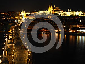 Prague castle and Charles bridge at night, Czech Republic