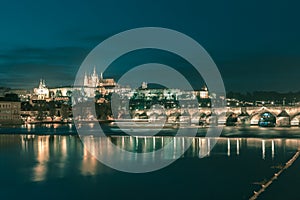 Prague Castle and Charles Bridge at night, Czechia