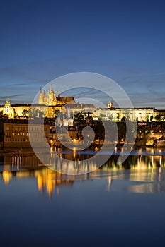 Prague Castle and Charles Bridge in Prague at dusk