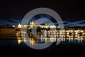 Prague Castle and Charles Bridge in Prague at dusk