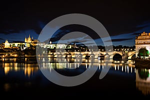 Prague Castle and Charles Bridge in Prague at dusk