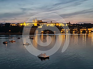 Prague Castle and Charles Bridge in sunset, Czech Republic, Eastern Europe