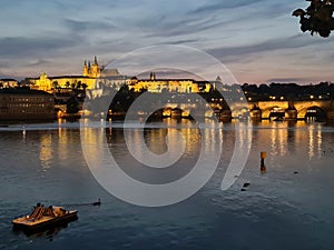 Prague Castle and Charles Bridge in sunset, Czech Republic, Eastern Europe