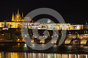 The Prague castle, Charles Bridge and Vltava river in the night scene