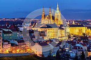 Prague Castle complex with gothic St Vitus Cathedral, Hradcany,