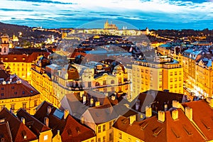 Prague Castle evening scenery. Hradcany and Old Town of Prague, Czech Republic