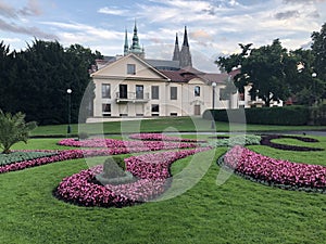 Prague castle gardens with pink flowers