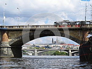 Prague Castle Hradcany Panorama Seen Under a Bridge with Cloud Sky in Background