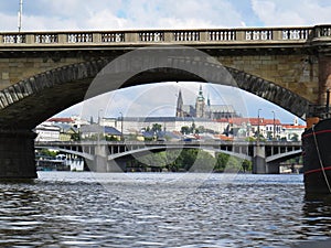 Prague Castle Hradcany Panorama Seen Under a Bridge with Cloud Sky in Background