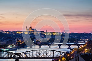 Prague Castle in lights, panoramic view from Vysehrad, Czech Rep