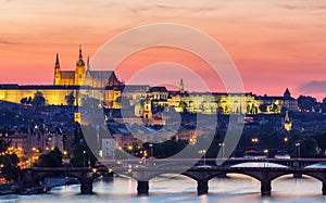 Prague Castle in lights, panoramic view from Vysehrad, Czech Rep