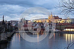 Prague castle night. Czech Republic famous travel old city. Traditional panoramic cityscape