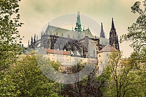 Prague Castle with St. Vitus Cathedral, Hradcany, Czech Republic. Vintage