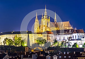 Prague Castle with St. Vitus Cathedral over Lesser town Mala Strana at night, Czech Republic