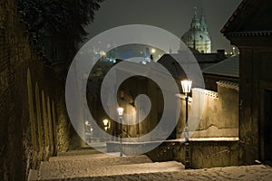 Prague Castle Stairway Leading to The Old Town of Prague in Winter Night