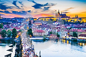 Prague Castle sunset over Charles Bridge, Czech Republic