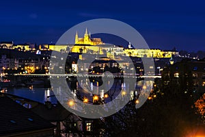 Prague castle and Vltava river, night scene