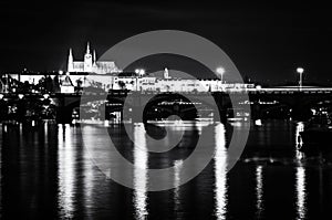 Prague castle and Vltava river, night scene, colorless