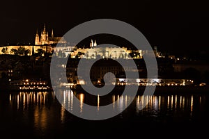 Idyllic night view of Prague Castle over Vltava river, Czech Republic