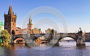 Prague Charles bridge, Czech Republic. Scenic landscape of Prague city with historical architecture of old town