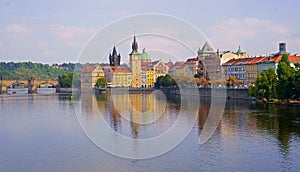 Prague - Charles bridge, Czech Republic. September 2023. Scenic aerial sunset on the architecture of the Old Town Pier