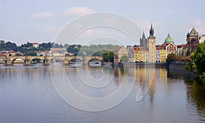 Prague - Charles bridge, Czech Republic. September 2023. Scenic aerial sunset on the architecture of the Old Town Pier