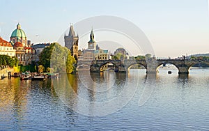 Prague - Charles bridge, Czech Republic. September 2023. Scenic aerial sunset on the architecture of the Old Town Pier