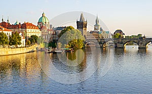 Prague - Charles bridge, Czech Republic. September 2023. Scenic aerial sunset on the architecture of the Old Town Pier