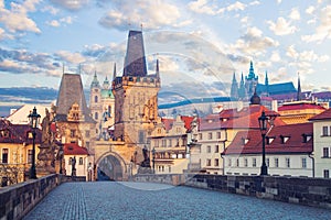 Prague Charles bridge and tower on the side of Mala Strana, Prague, Czech Republic