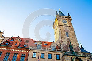 Prague chimes clock tower on the old town square