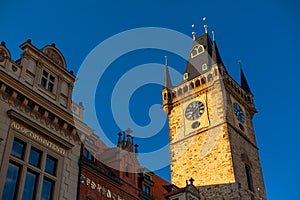 Prague chimes clock tower on the old town square