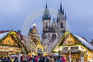 Prague Christmas market on the night in Old Town Square with blu