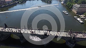 Prague city bridge over the river aerial view