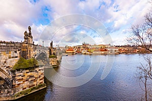 Prague city scape panoramatic view of Prague castle Hradcany in local speak. Near Charles bridge over the Vltava river. Prague