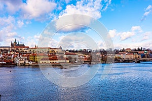 Prague city scape panoramatic view of Prague castle Hradcany in local speak. Near Charles bridge over the Vltava river. Prague