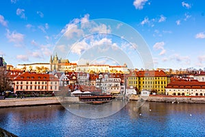 Prague city scape panoramatic view of Prague castle Hradcany in local speak. Near Charles bridge over the Vltava river. Prague