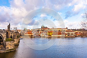 Prague city scape panoramatic view of Prague castle Hradcany in local speak. Near Charles bridge over the Vltava river. Prague