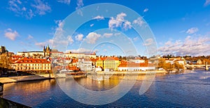 Prague city scape panoramatic view of Prague castle Hradcany in local speak. Near Charles bridge over the Vltava river. Prague