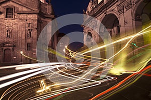 Prague city street lights at night, Czech Republic