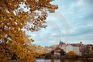 Prague city with Vltava river and Saint Vitus Cathedral view