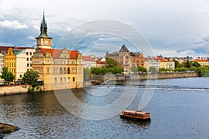 Prague cityscape, view on tower and river